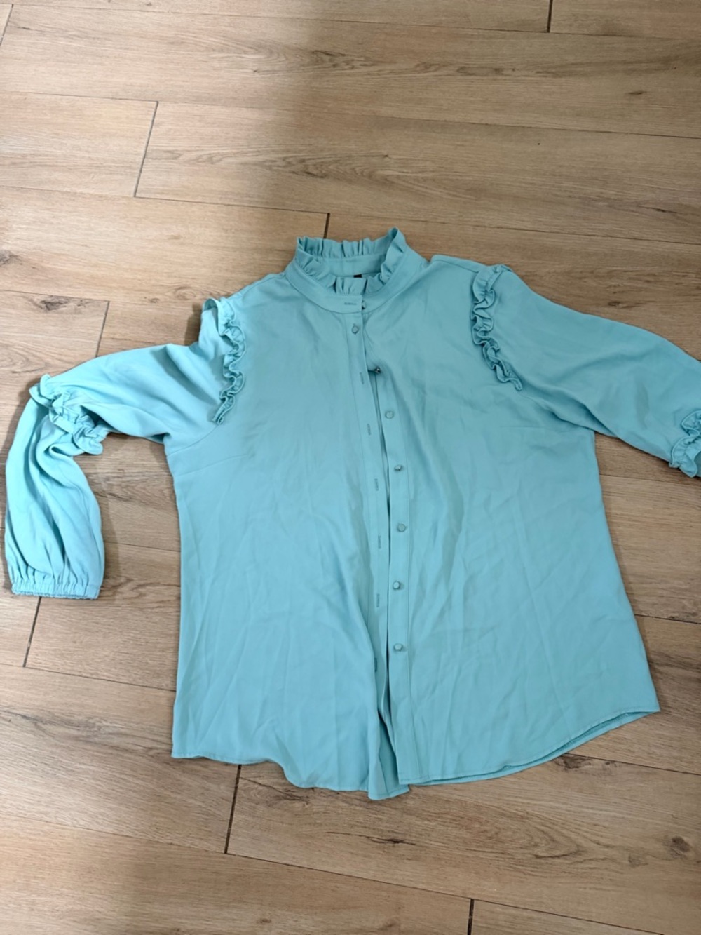 Light Blue Ruffle-Trim Button Front Blouse - Picture 2 of 4